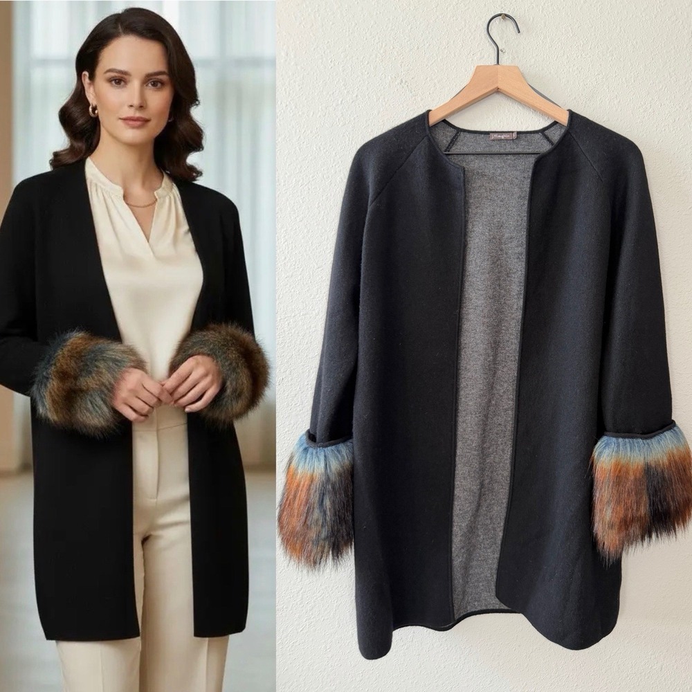 J.McLaughlin Black Cashmere Wool Cardigan Sweater Removable Faux Fur Cuff Sz S